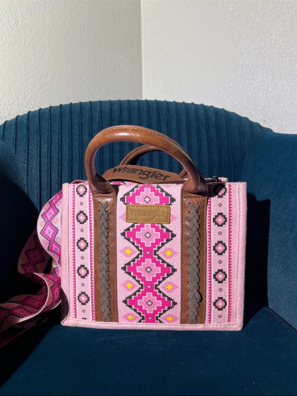 Wrangler Pink Southwestern Pattern Tote with Brown Leather Handles